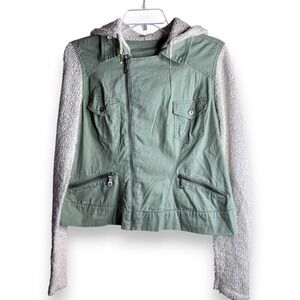 Womens Green Utility Jacket Hoodie Knit Sleeves Casual Military Anorak Zip Small